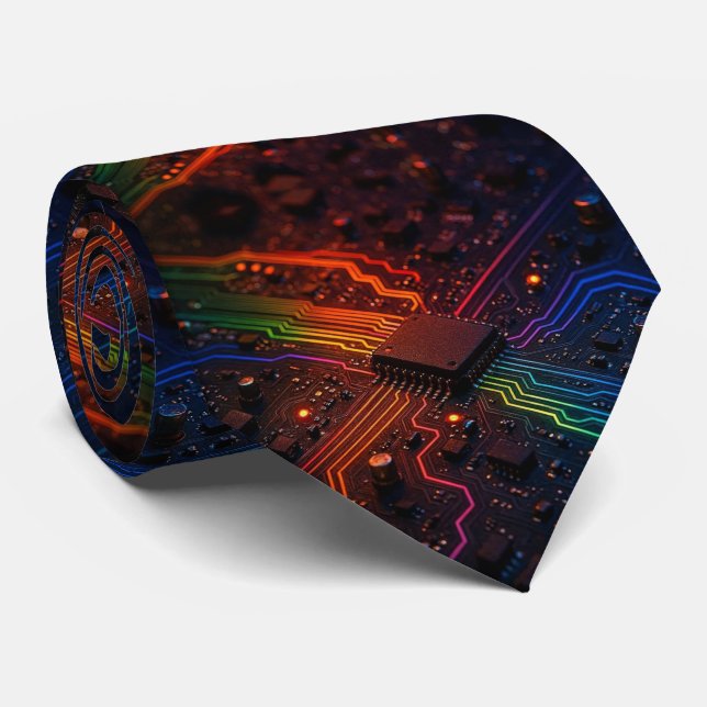 Rainbow Circuit Board Necktie – Colorful Tech Geek Krawatte (Gerollt)