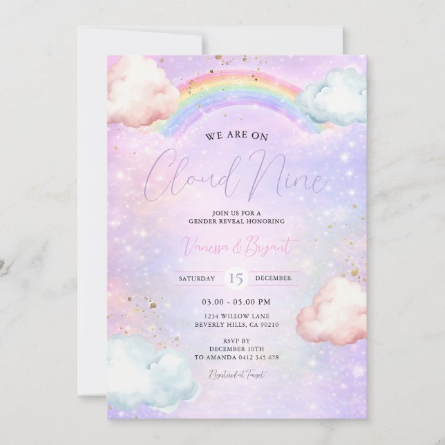 Rainbow Cloud Blush Gender Reveal Glitter Einladung (Vorderseite)