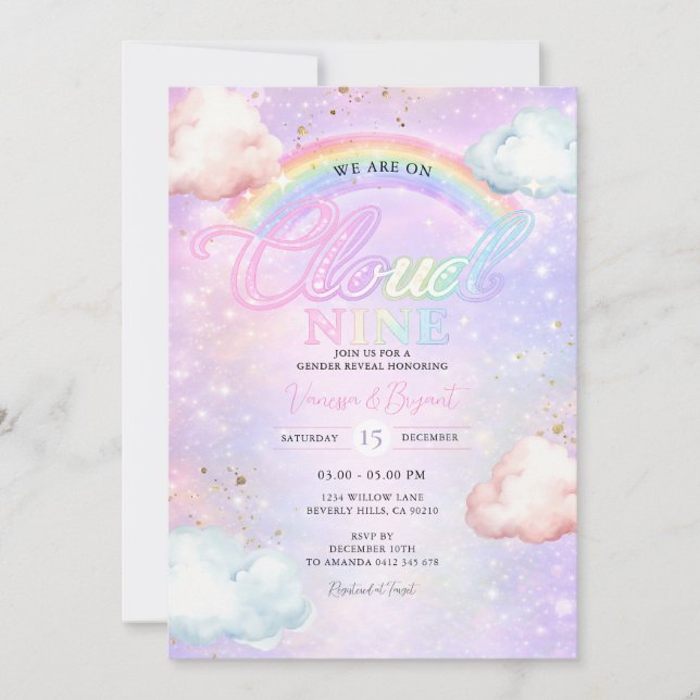 Rainbow Cloud Galaxy Glitter Gender Reveal  Einladung (Vorderseite)