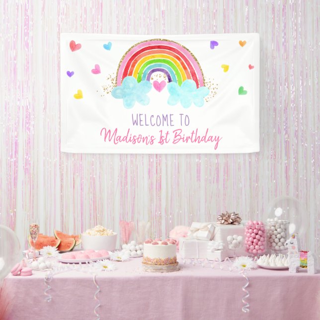 Rainbow Cloud Hearts Pink Gold Geburtstag Banner (Party)
