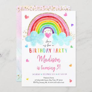 Rainbow Cloud Hearts Watercolor Geburtstag Einladung
