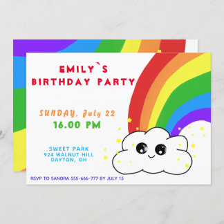 Rainbow Cloud Kawai Birthday Party Einladung
