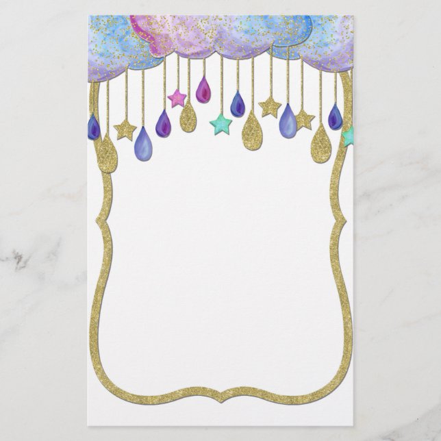Rainbow Cloud Stars Danging Gold Glitzer Baby Briefpapier (Vorderseite)