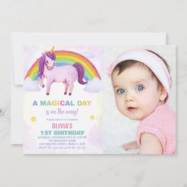 Rainbow Cloud Unicorn Birthday Einladungen Foto (Vorderseite)