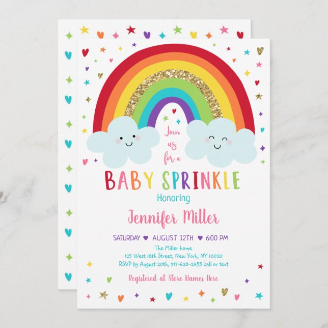 Rainbow Clouds Pink Gold Baby Sprinkle Einladung (Vorne/Hinten)