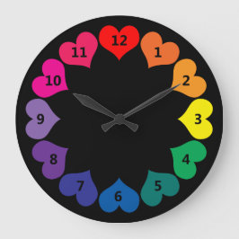 Rainbow Color Heart on Black Clock mit Zahlen Große Wanduhr