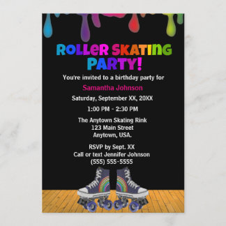 Rainbow Color Paint Drip Roller Skating Birthday Einladung