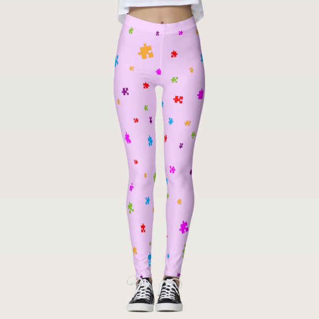 Rainbow Colored Autism Puzzleteile auf PINK Leggings (Vorderseite)