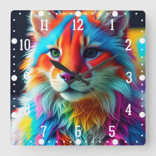 Rainbow Colored Fur Cat Quadratische Wanduhr