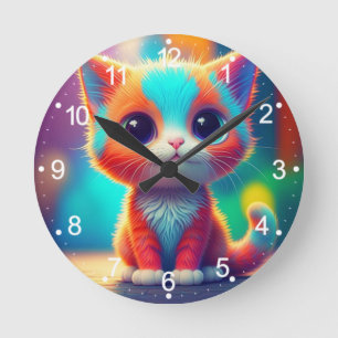 Rainbow Colored Kitten Cartoon Runde Wanduhr