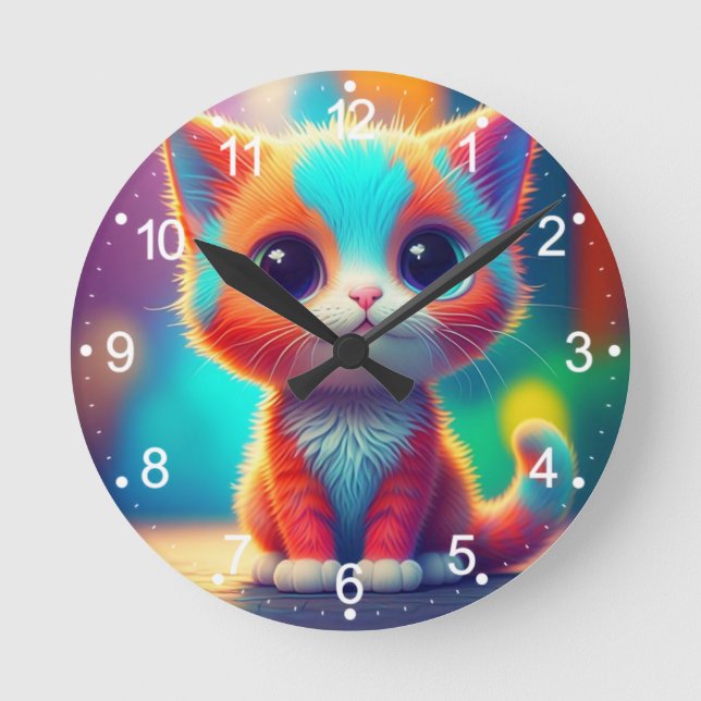 Rainbow Colored Kitten Cartoon Runde Wanduhr (Vorderseite)