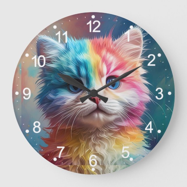 Rainbow Colored Kitten Potrait Große Wanduhr (Vorderseite)
