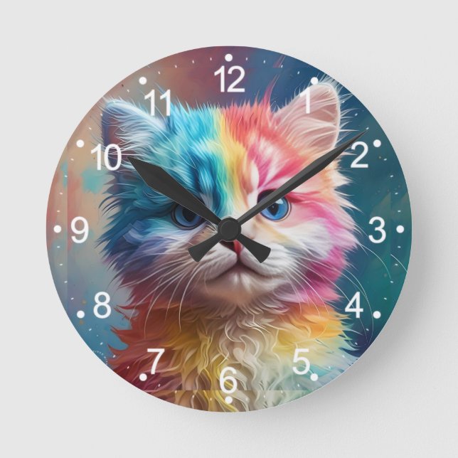 Rainbow Colored Kitten Potrait Runde Wanduhr (Vorderseite)