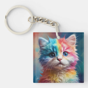 Rainbow Colored Kitten Potrait Schlüsselanhänger