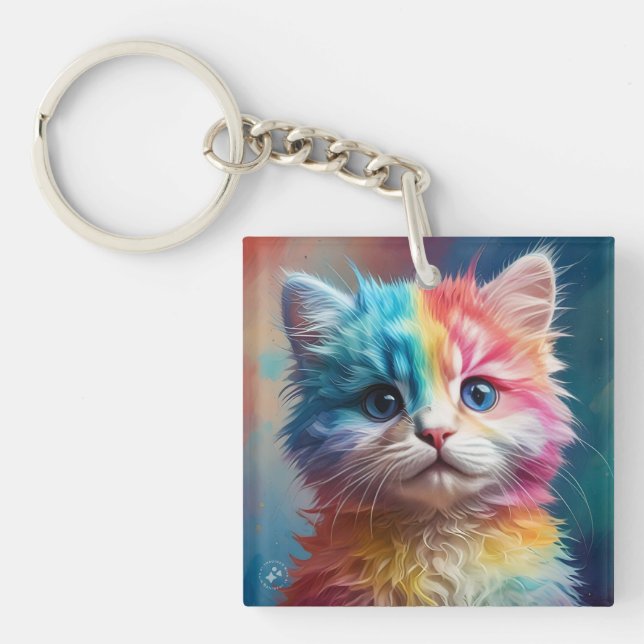 Rainbow Colored Kitten Potrait Schlüsselanhänger (Vorderseite)