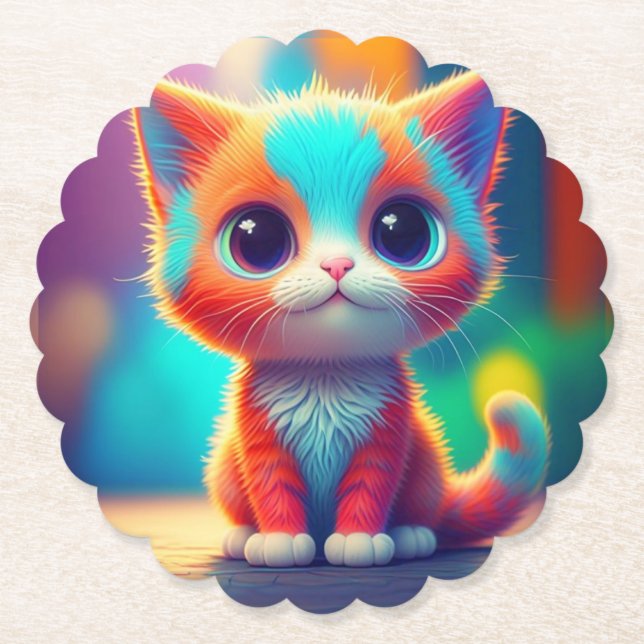Rainbow Colored Kitten Sitting Cartoon-68677 Untersetzer (Vorderseite)