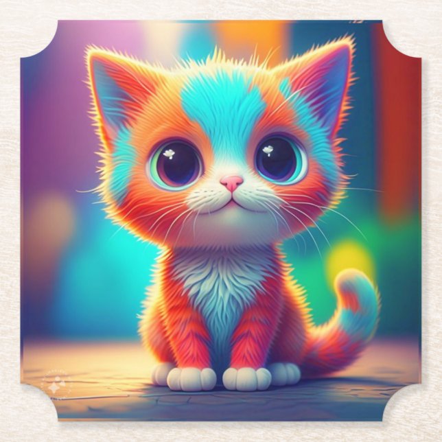 Rainbow Colored Kitten Sitting Cartoon-68677 Untersetzer (Vorderseite)