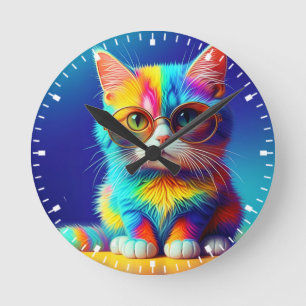 Rainbow Colored Kitten Wearing Glasses-57466 Runde Wanduhr