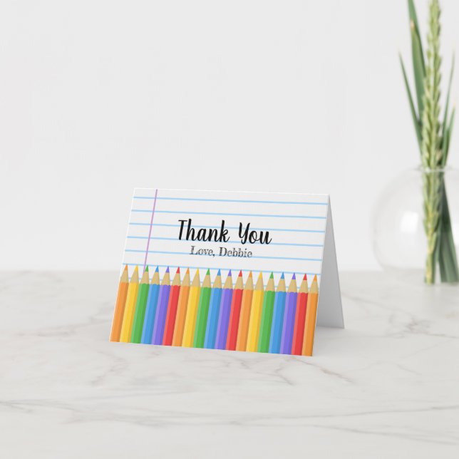 Rainbow Colored Pencils Lined Paper Teacher Dankeskarte (Vorderseite)