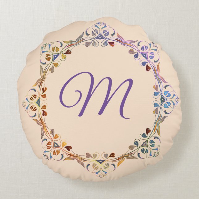 Rainbow Colorous Leaf Ring Monogram Rundes Kissen (Rückseite)