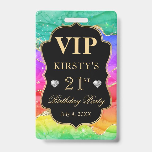 Rainbow Colors and Gold Glitzer Agate Birthday VIP Ausweis (Vorderseite)