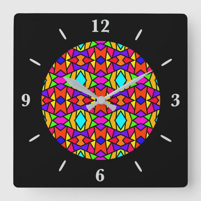 Rainbow Colors Patchwork Geometrisches Wiederholmu Quadratische Wanduhr (Vorderseite)