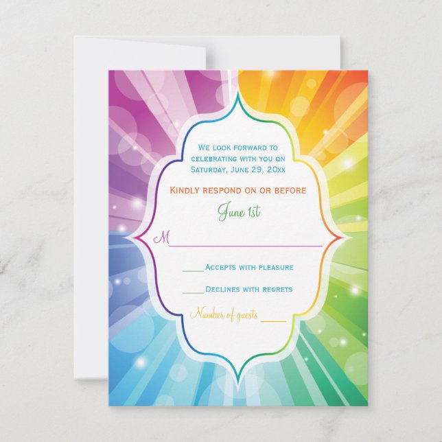 Rainbow Colors Striped Sunburst Wedding RSVP Card (Vorderseite)