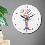 Rainbow Colors Tree of Life Large Clock Große Wanduhr<br><div class="desc">Diese whimsical Uhr ist mit einem Ausdruck eines Baumes des Lebens in Regenbogenfarben dekoriert. Der Baum wurde ursprünglich aus Mosaik mit winzigen Fragmenten aus Glas in lebhaften Farben hergestellt. Original Mosaik © Michele Davies.</div>