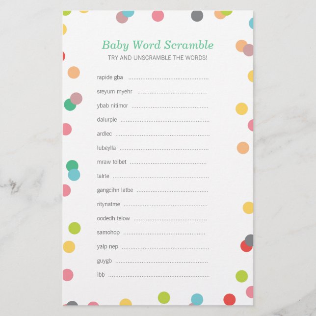 Rainbow Confetti Baby Word Scramble Game (Vorderseite)