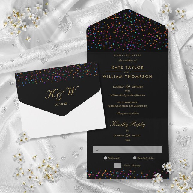 Rainbow Confetti Black and Gold Monogram Wedding All In One Einladung (Rainbow Confetti Black And Gold Monogram Wedding All In One Invitation)