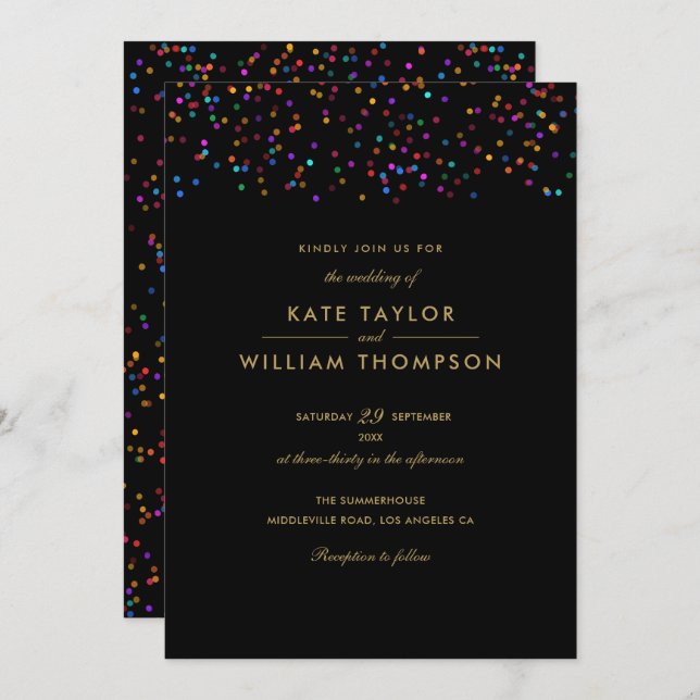 Rainbow Confetti Black and Gold Wedding Einladung (Vorne/Hinten)