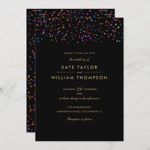 Rainbow Confetti Black and Gold Wedding Einladung