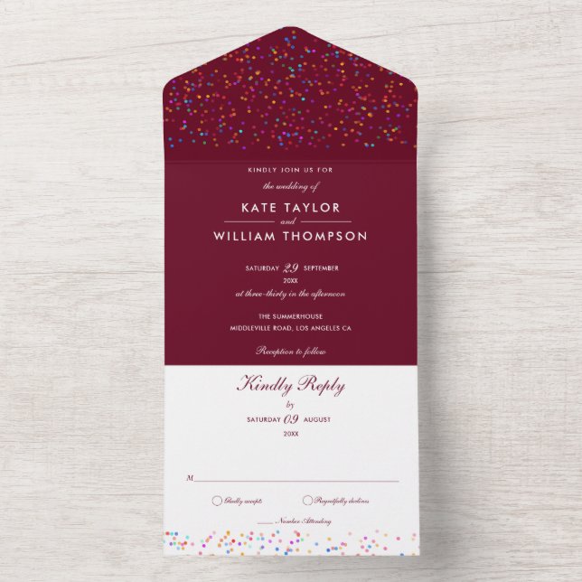 Rainbow Confetti Burgundy Monogram Wedding All In One Einladung (Innen Boden)