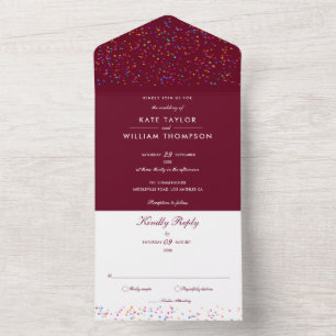 Rainbow Confetti Burgundy Monogram Wedding All In One Einladung