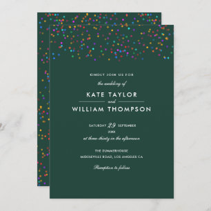 Rainbow Confetti Emerald Green Wedding Einladung