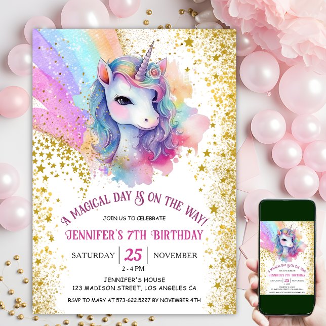 Rainbow Confetti Girl Unicorn Einladung (#UnicornBirthdayInvitation #UnicornBirthdayInvitationTemplate #UnicornBirthdayInvitationEditable 
)