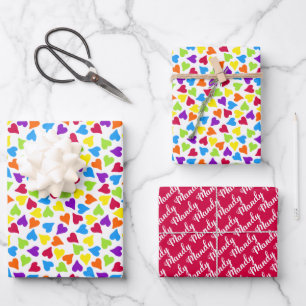 Rainbow Confetti Herzname Geschenkpapier Set