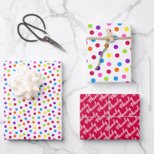 Rainbow Confetti Polka Dots Name Geschenkpapier Set