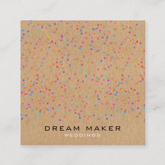 Rainbow Confetti Rustic Kraft Quadratische Visitenkarte (Vorderseite)