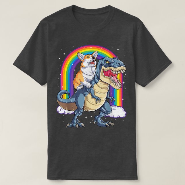 Rainbow Corgi Riding Dinosaur T Niedlich Corgi Dog T-Shirt (Design vorne)