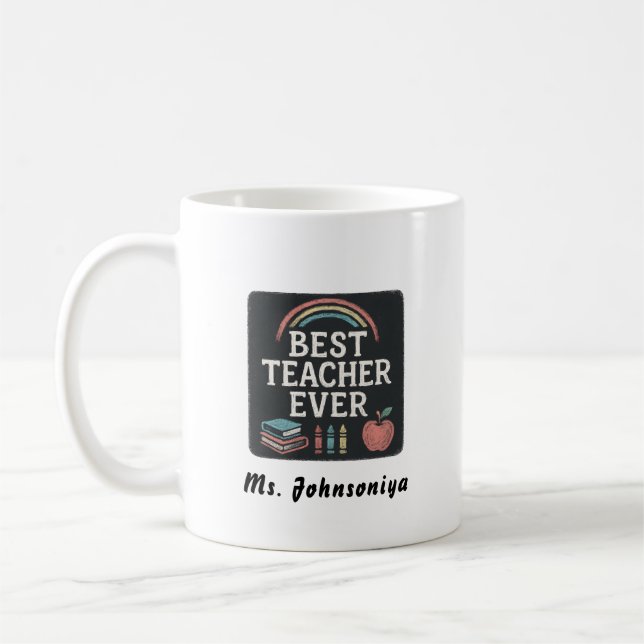 Rainbow Crayon Apple Black Badge Best Teacher Ever Kaffeetasse (Links)