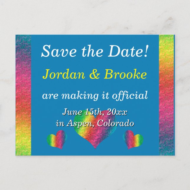 [Rainbow Crinkle Wedding] Hearts Postcard Blue Ankündigungspostkarte (Vorderseite)