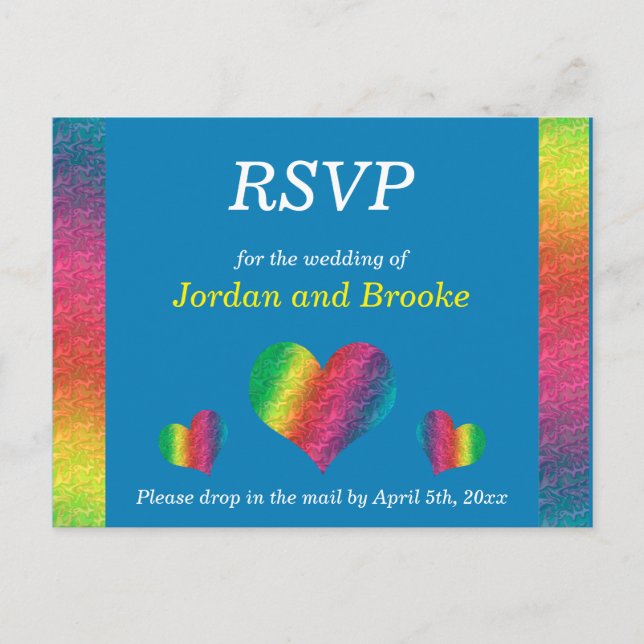 [Rainbow Crinkle Wedding] Hearts RSVP Card Blue Einladungspostkarte (Vorderseite)