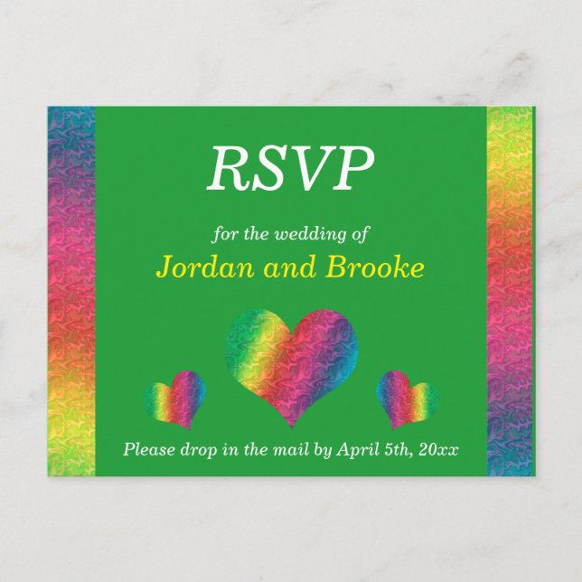 [Rainbow Crinkle Wedding] Hearts RSVP Card Green Einladungspostkarte (Vorderseite)