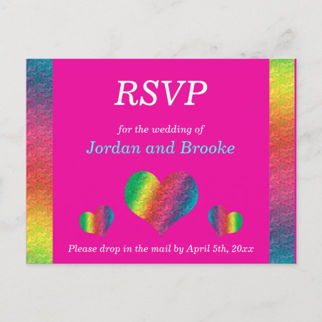 [Rainbow Crinkle Wedding] Hearts RSVP Card Rosa Einladungspostkarte (Vorderseite)