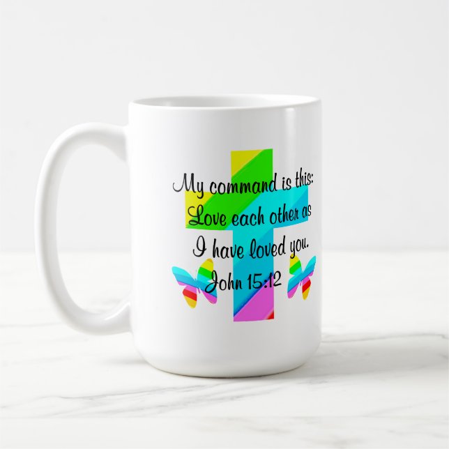 RAINBOW CROSS AND BUTTERFLY JOHN 15:12 KAFFEETASSE (Links)