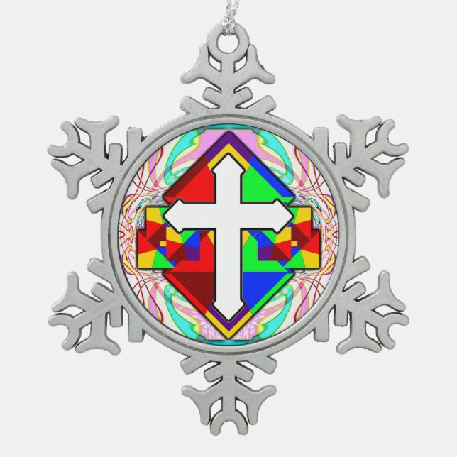 Rainbow Cross Schneeflocken Zinn-Ornament (Vorderseite)