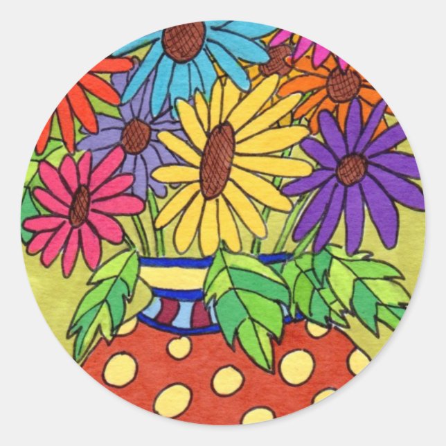 Rainbow Daisies in Designer Vase Runder Aufkleber (Vorderseite)