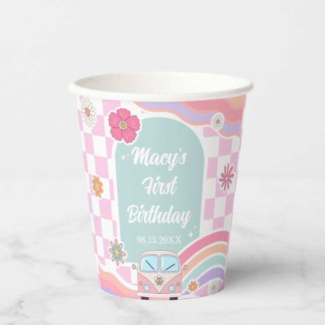 Rainbow Daisy Car Birthday Pappbecher (Vorderseite)