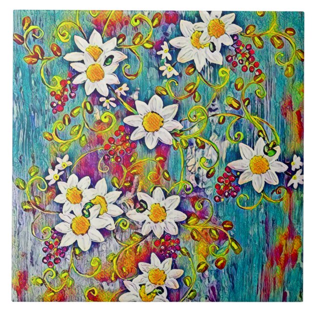 Rainbow Daisy Keramik Tile Fliese (Vorderseite)